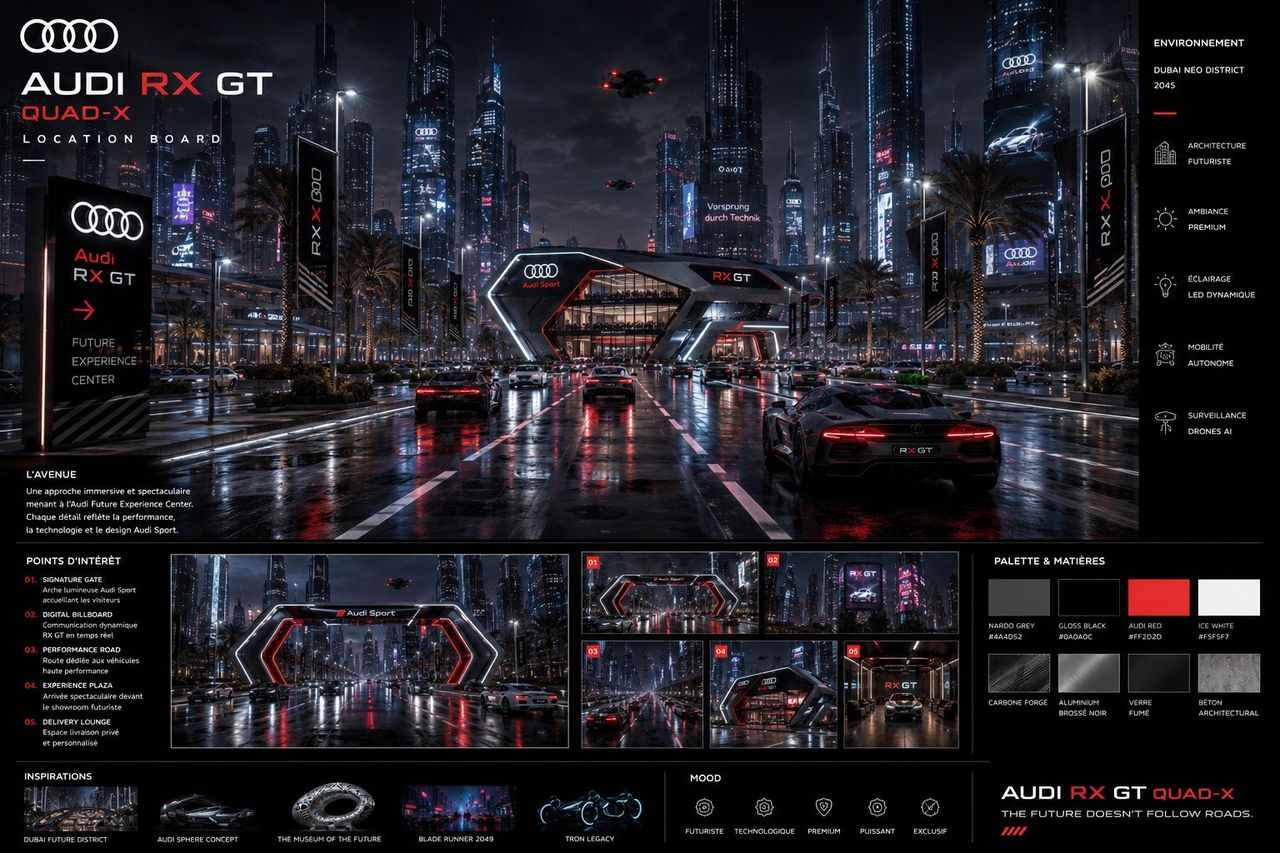 Planche de décor : avenue nocturne d'un quartier futuriste sous la pluie, gratte-ciels et panneaux lumineux, bâtiment d'exposition hexagonal, avec en marge les points d'intérêt numérotés, la palette de couleurs avec codes hexadécimaux, les matières et un mur d'inspirations.