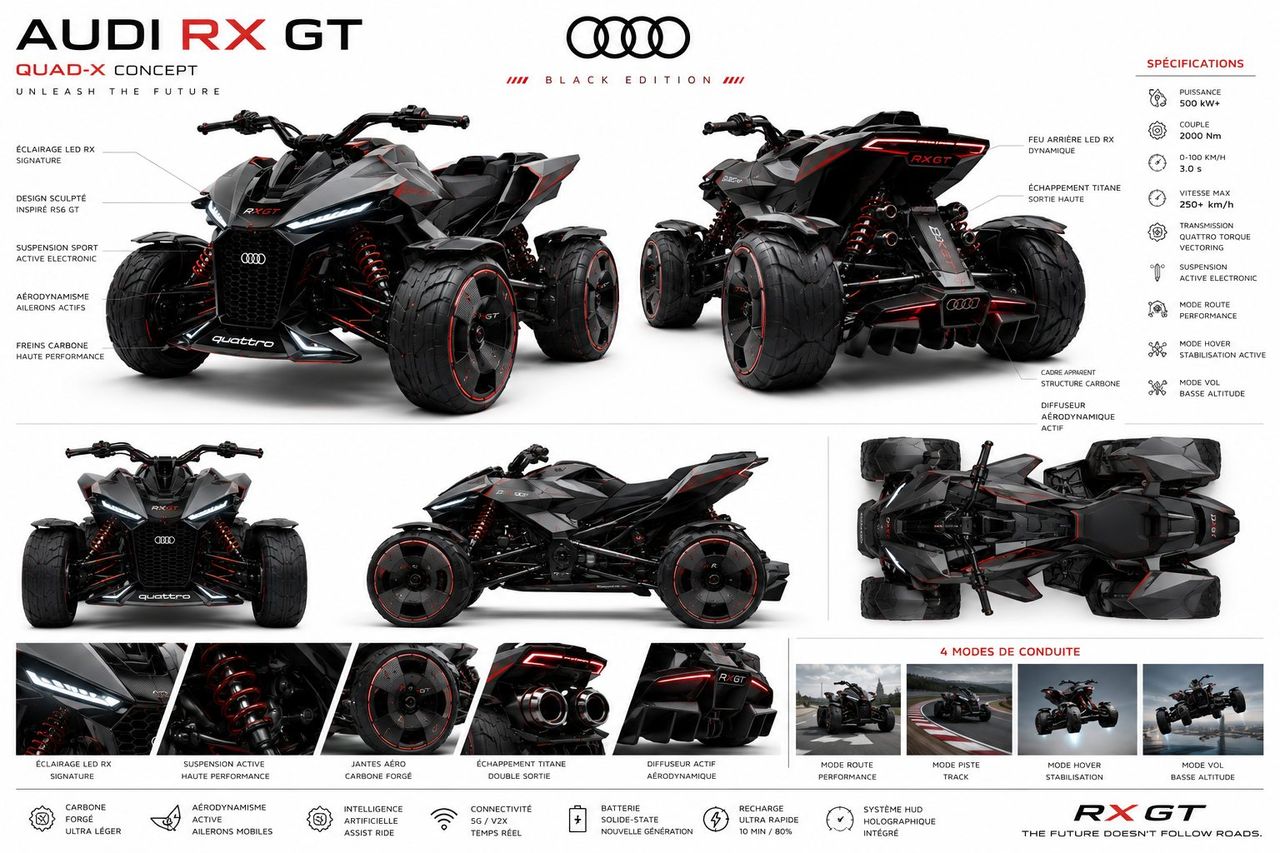 Fiche produit d'un quad concept noir et rouge : cinq vues du véhicule avec légendes techniques, colonne de spécifications, vignettes de détail et quatre modes de conduite.
