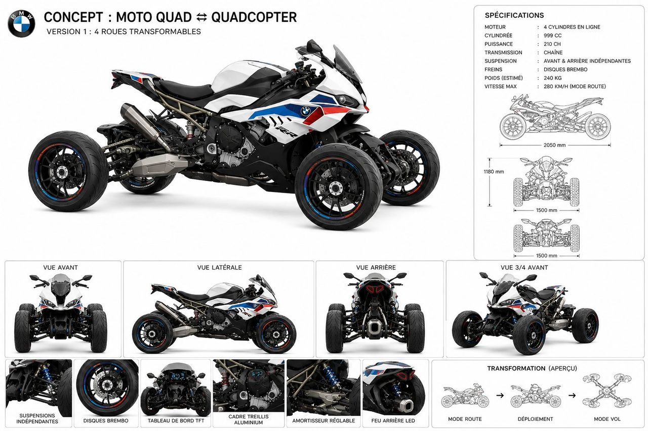Fiche produit d'un quad concept, vues multiples avec légendes techniques et bloc de spécifications.
