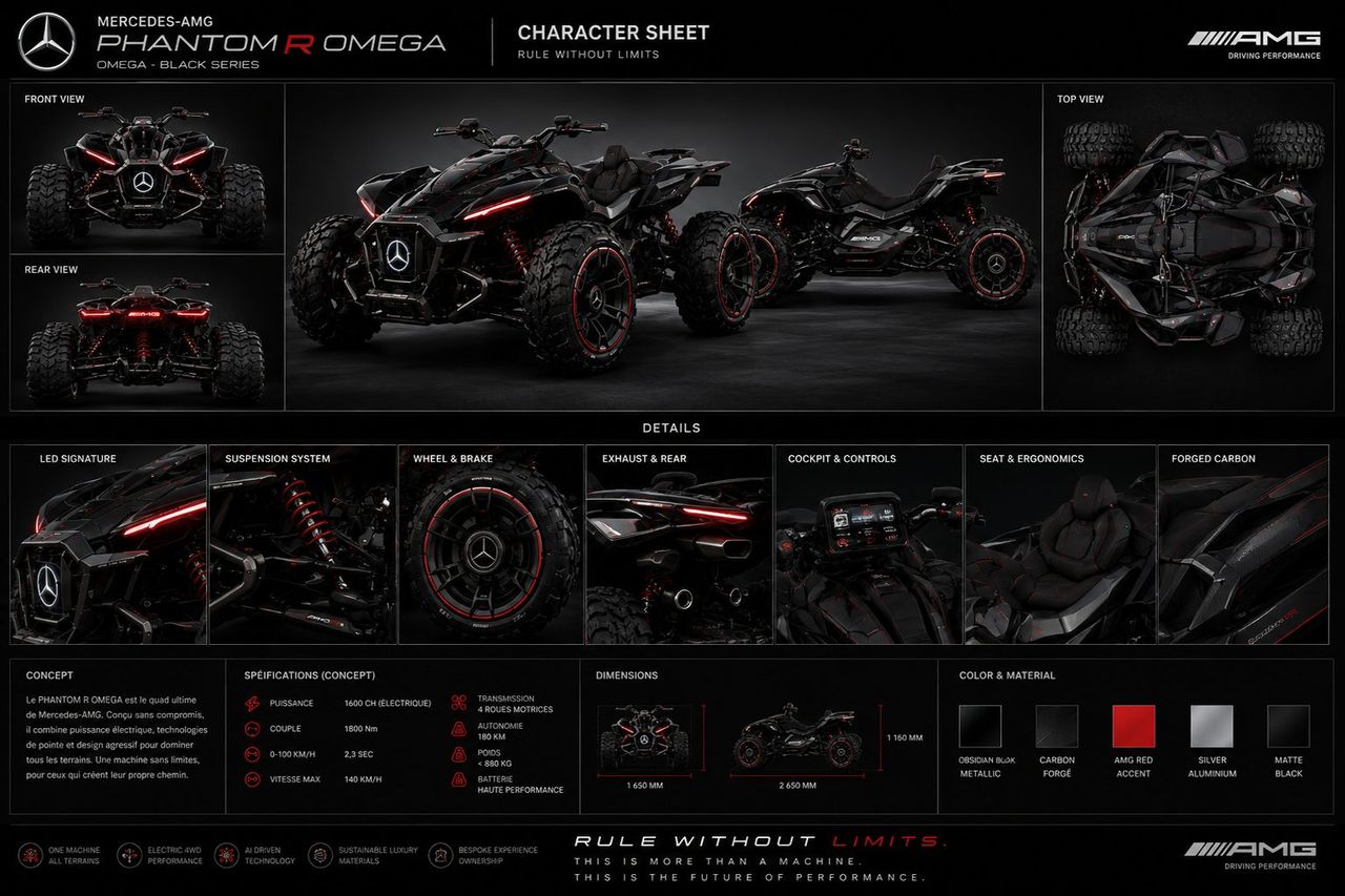 Fiche produit d'un quad concept noir aux liserés rouges lumineux : vue avant, vue arrière, vue de dessus, plan large de deux véhicules, bandeau de sept détails techniques, bloc de spécifications, dimensions cotées et nuancier de matières.