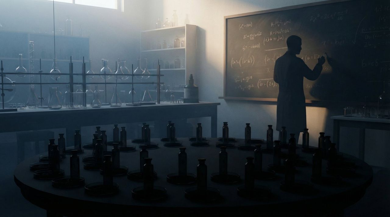 Plan de laboratoire scientifique d'époque : silhouette noire d'un homme en blouse écrivant des formules sur un tableau noir, verrerie de laboratoire alignée sur les paillasses, grande table ronde de flacons au premier plan, lumière froide et brume.