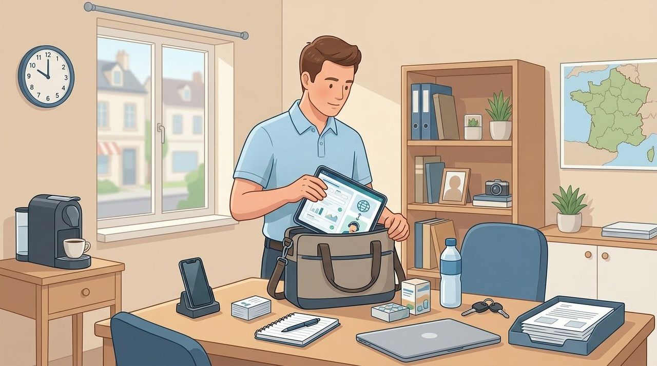 Illustration de chapitre e-learning en ligne claire : un homme range une tablette affichant un tableau de bord dans une sacoche, sur un bureau où sont posés téléphone, carnet, clés et documents, dans un intérieur clair.