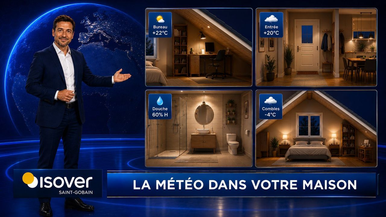 Image de campagne : le présentateur désigne quatre panneaux d'intérieur étiquetés bureau, entrée, douche et combles avec leurs relevés de température et d'humidité, sous le bandeau La météo dans votre maison.