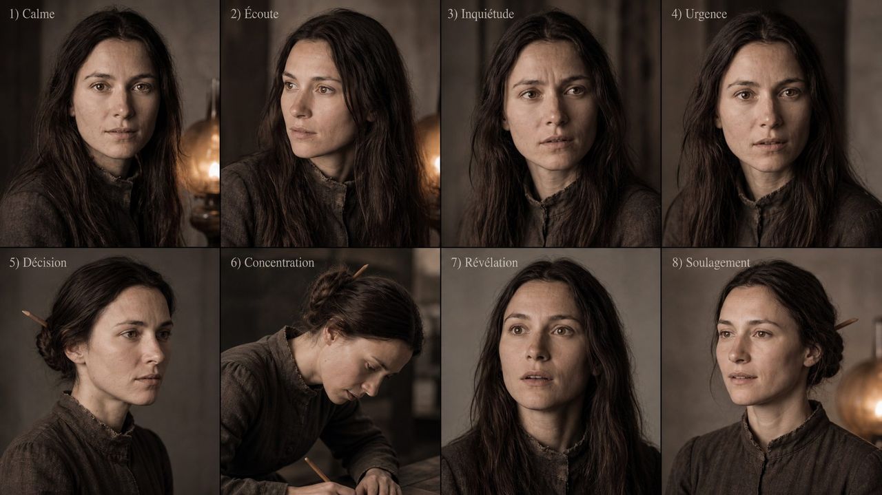 Planche de huit portraits du personnage de Marguerite, chacun légendé d'un état émotionnel : calme, écoute, inquiétude, urgence, décision, concentration, révélation, soulagement.
