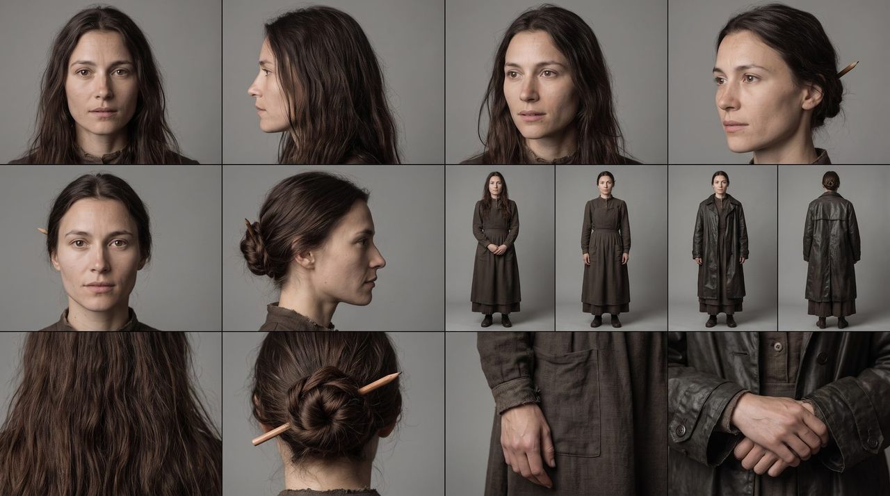 Fiche personnage : douze vues du même visage féminin, face, profil, trois-quarts, cheveux lâchés puis relevés en chignon, silhouettes en pied de face et de dos, manteau ciré, détails de mains et de costume.
