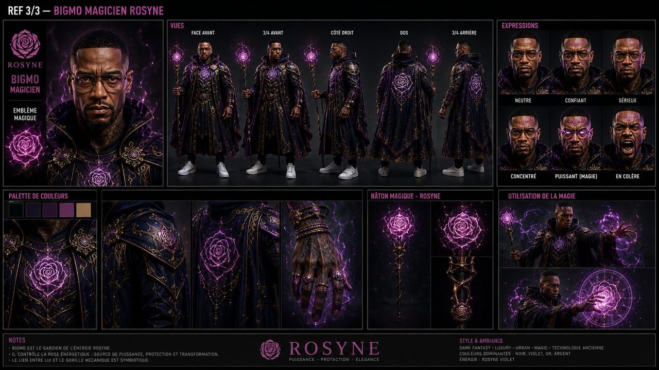 Fiche de référence du personnage Bigmo Magicien pour le projet ROSYNE : cinq vues en tour complet du magicien en cape brodée, six portraits d'expressions légendés, palette de couleurs violette et or, détails du bâton magique et panneaux d'utilisation de la magie.